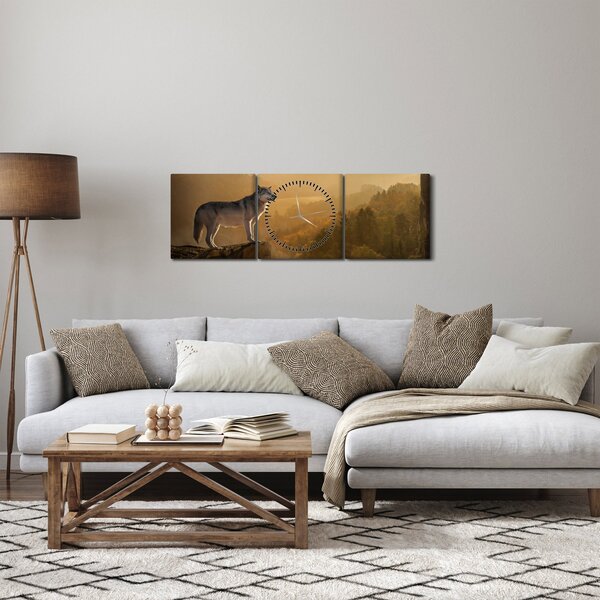 Obraz wilka na skale (z zegarem) (90x30 cm)