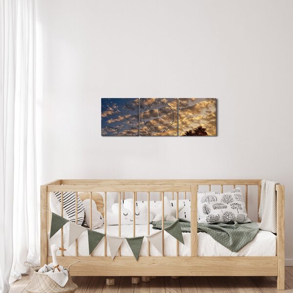 Obraz - palmy pośród chmur (z zegarem) (90x30 cm)