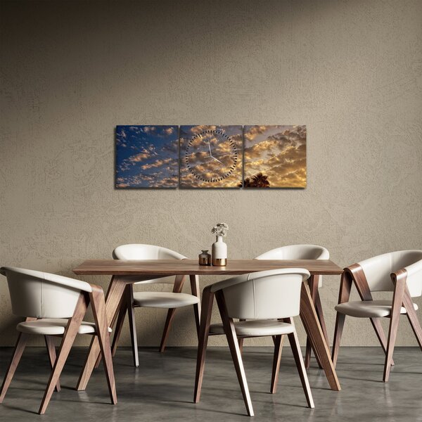 Obraz - palmy pośród chmur (z zegarem) (90x30 cm)