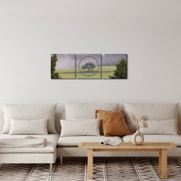 Obraz łąki z drzewem (z zegarem) (90x30 cm)