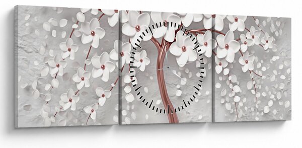 Obraz - Obraz białego drzewa z kwiatami, rosegold (z zegarem) (90x30 cm)