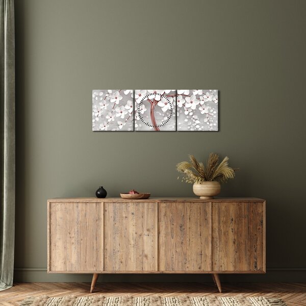 Obraz - Obraz białego drzewa z kwiatami, rosegold (z zegarem) (90x30 cm)