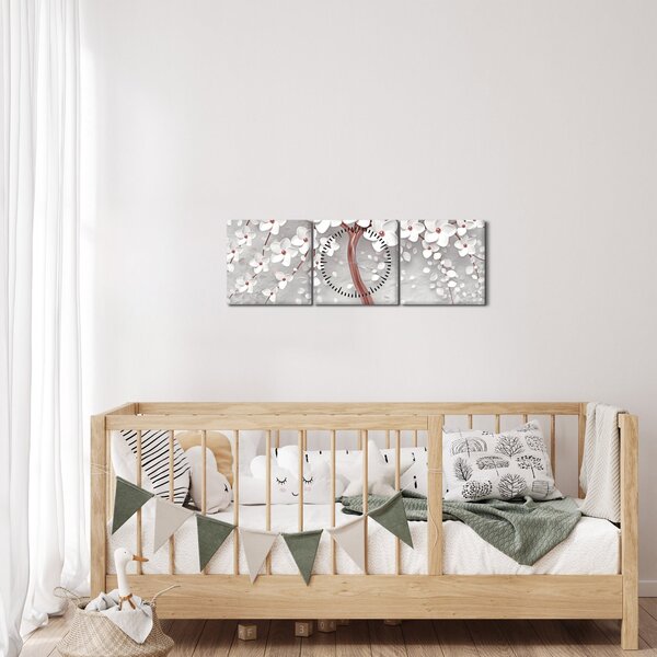 Obraz - Obraz białego drzewa z kwiatami, rosegold (z zegarem) (90x30 cm)