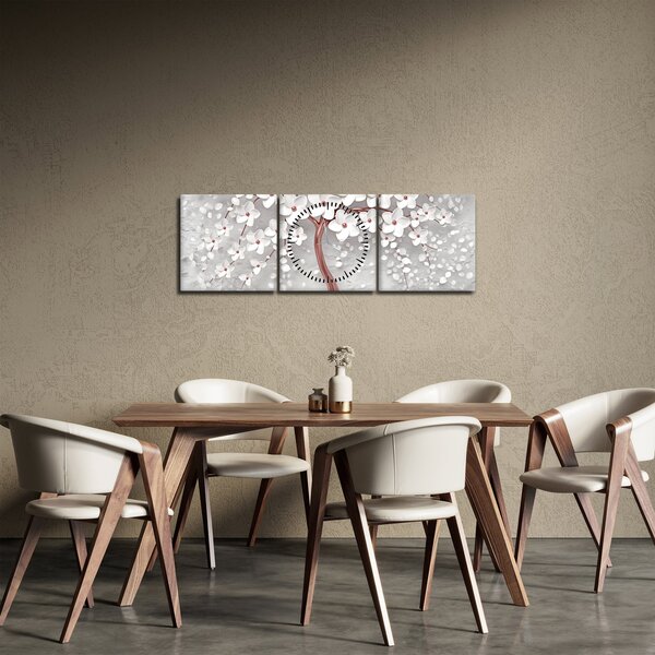 Obraz - Obraz białego drzewa z kwiatami, rosegold (z zegarem) (90x30 cm)