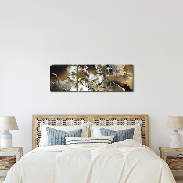Obraz - Orchidea kwiaty na marmurowym tle (z zegarem) (90x30 cm)
