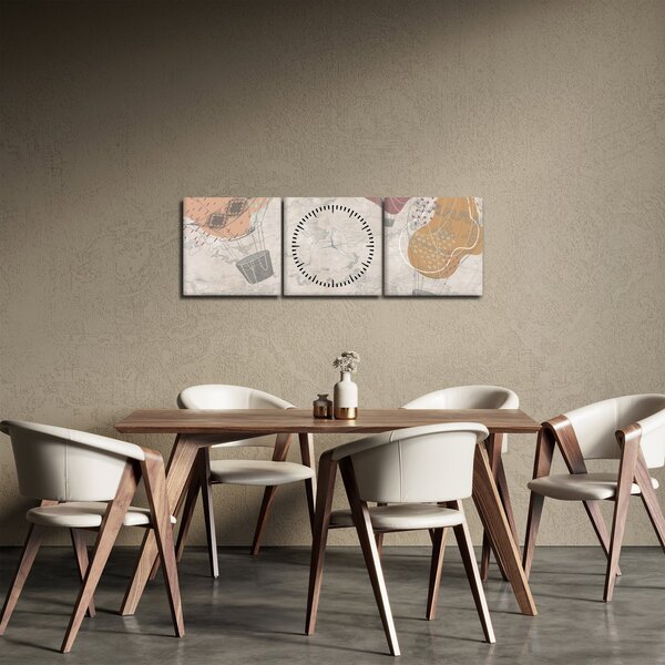 Obraz - Balony nad miastem, ciepłe odcienie (z zegarem) (90x30 cm)