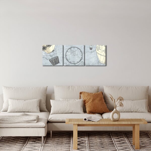 Obraz - Balony nad miastem, zimne odcienie (z zegarem) (90x30 cm)