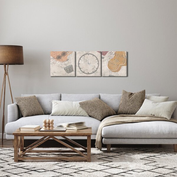 Obraz - Balony nad miastem, ciepłe odcienie (z zegarem) (90x30 cm)