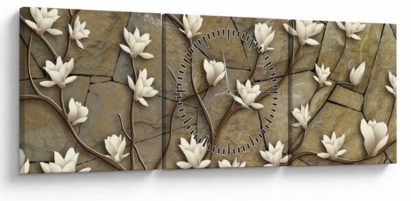 Obraz - Białe magnolie na murze kamiennym (z zegarem) (90x30 cm)