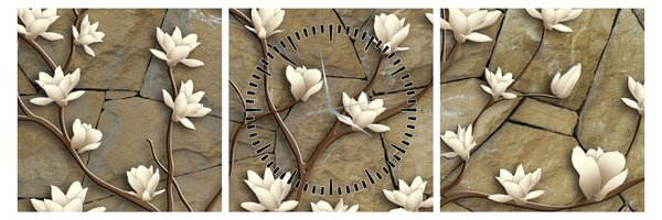 Obraz - Białe magnolie na murze kamiennym (z zegarem) (90x30 cm)