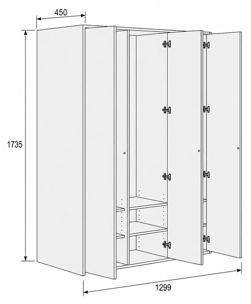 Szafka FRAME, 3 przedziały, 1299 x 450 x 1735 mm, PUSH-lock, orzech