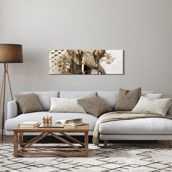 Obraz - słoń taranujący ścianę (z zegarem) (90x30 cm)