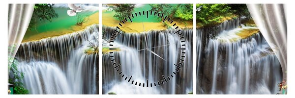 Obraz - Widok magicznych wodospadów (z zegarem) (90x30 cm)