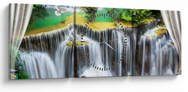 Obraz - Widok magicznych wodospadów (z zegarem) (90x30 cm)