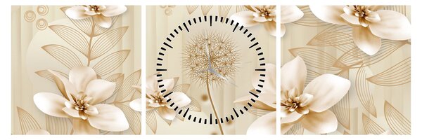 Obraz - Kompozycja złotych kwiatów (z zegarem) (90x30 cm)