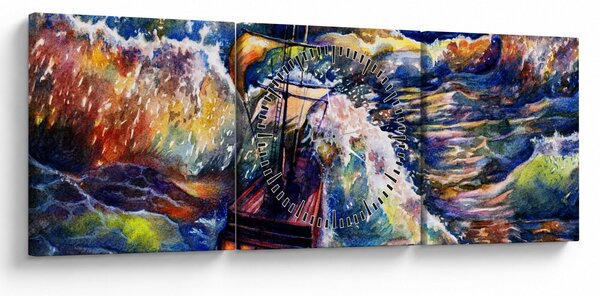 Obraz - Statek na falach oceanu, akwarela (z zegarem) (90x30 cm)