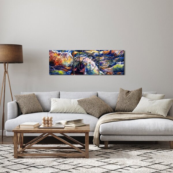 Obraz - Statek na falach oceanu, akwarela (z zegarem) (90x30 cm)