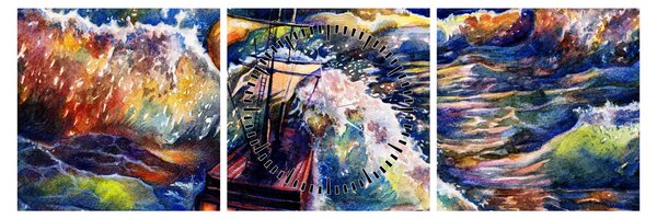 Obraz - Statek na falach oceanu, akwarela (z zegarem) (90x30 cm)