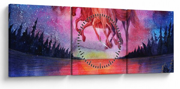 Obraz - Pojawienie się kosmicznych koni nad jeziorem, akwarela (z zegarem) (90x30 cm)