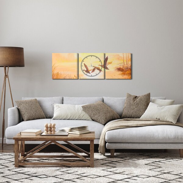 Obraz - Żurawie o zachodzie słońca (z zegarem) (90x30 cm)