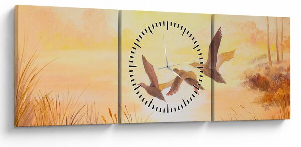 Obraz - Żurawie o zachodzie słońca (z zegarem) (90x30 cm)