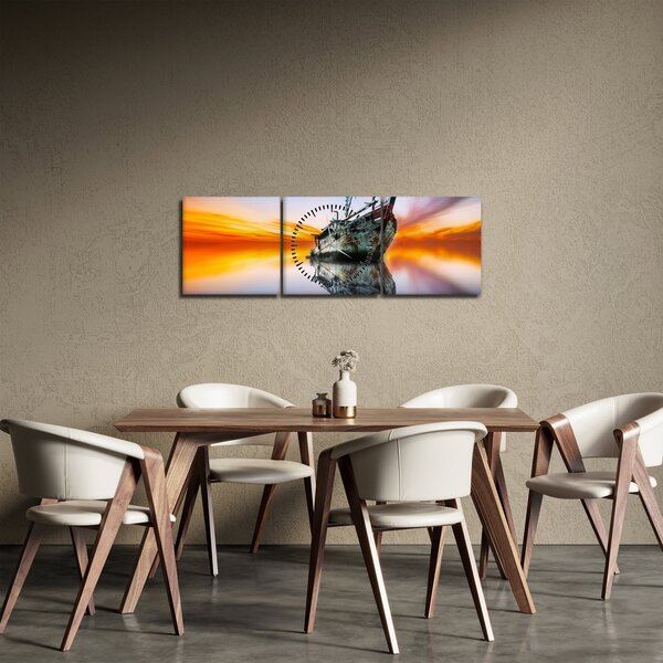Obraz - Wschód słońca nad wrakiem łodzi (z zegarem) (90x30 cm)