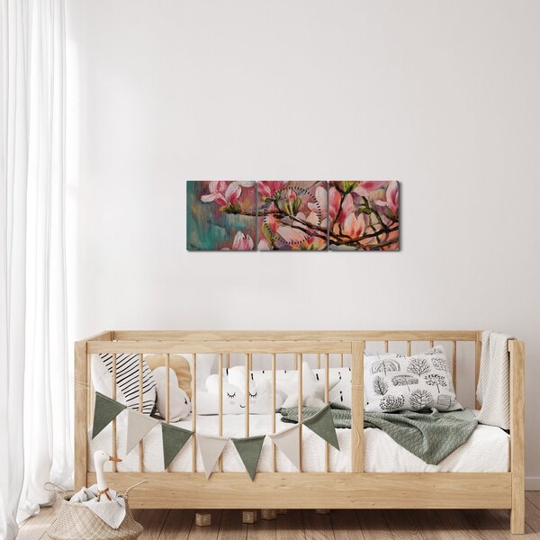 Obraz - Obraz olejny, Kwitnąca sakura (z zegarem) (90x30 cm)