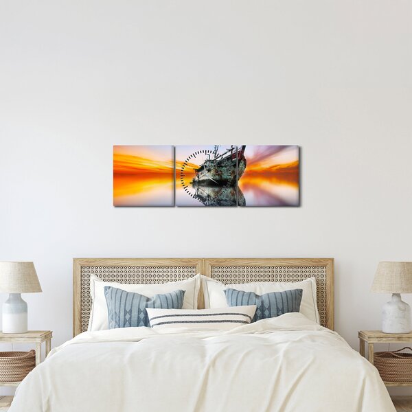 Obraz - Wschód słońca nad wrakiem łodzi (z zegarem) (90x30 cm)