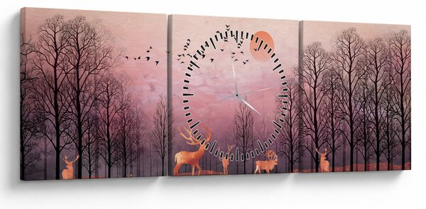 Zdjęcie - Jeleń w blasku zachodzącego słońca (z zegarem) (90x30 cm)