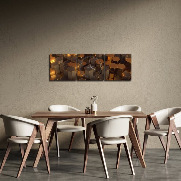 Obraz - Sześciokąty z brązu (z zegarem) (90x30 cm)