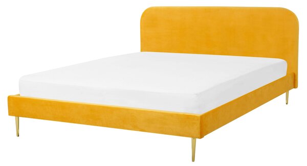 Minimalistyczne łóżko tapicerowane welurowe 160 x 200 cm żółte Flayat Beliani
