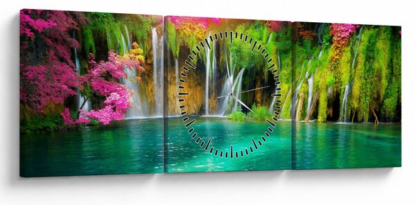 Obraz - Wodospad, Jeziora Plitwickie, Chorwacja (z zegarem) (90x30 cm)