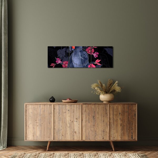 Obraz - Papuga wśród kwiatów (z zegarem) (90x30 cm)