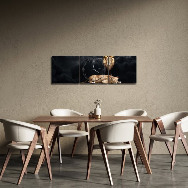 Obraz - Lew i lwica w chmurach (z zegarem) (90x30 cm)