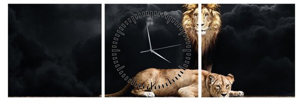 Obraz - Lew i lwica w chmurach (z zegarem) (90x30 cm)