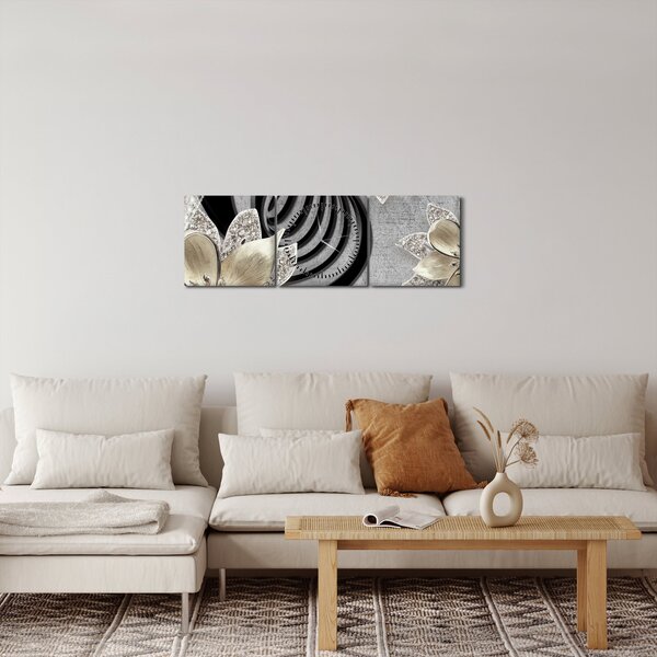 Obraz - 3D złote kwiaty (z zegarem) (90x30 cm)