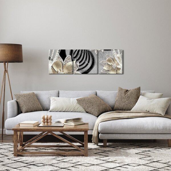 Obraz - 3D złote kwiaty (z zegarem) (90x30 cm)