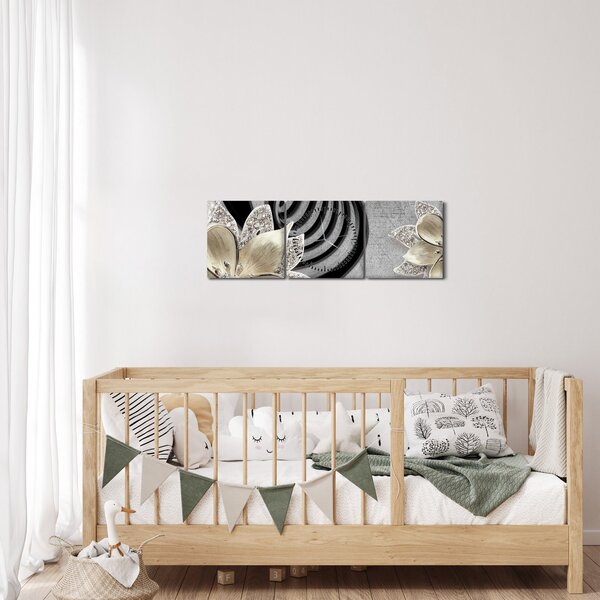 Obraz - 3D złote kwiaty (z zegarem) (90x30 cm)