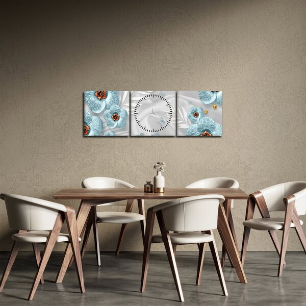 Obraz - 3D niebieskie kwiaty (z zegarem) (90x30 cm)