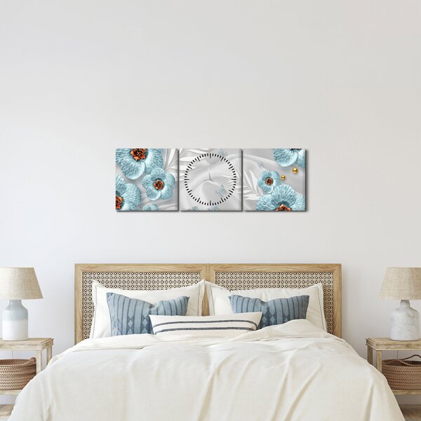 Obraz - 3D niebieskie kwiaty (z zegarem) (90x30 cm)