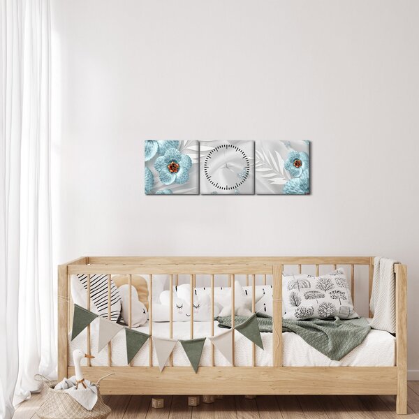 Obraz - 3D niebieskie kwiaty (z zegarem) (90x30 cm)