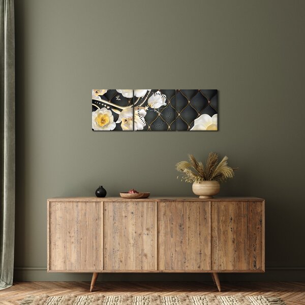 Obraz białych kwiatów róży (z zegarem) (90x30 cm)