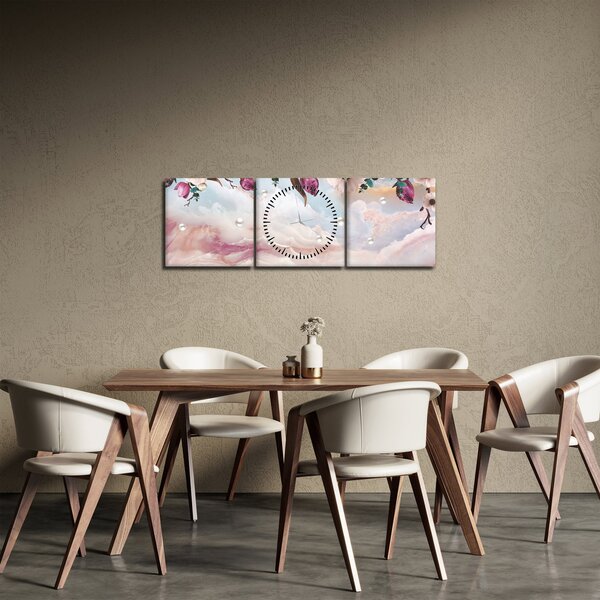 Obraz różowych kwiatów z różowym marmurem (z zegarem) (90x30 cm)