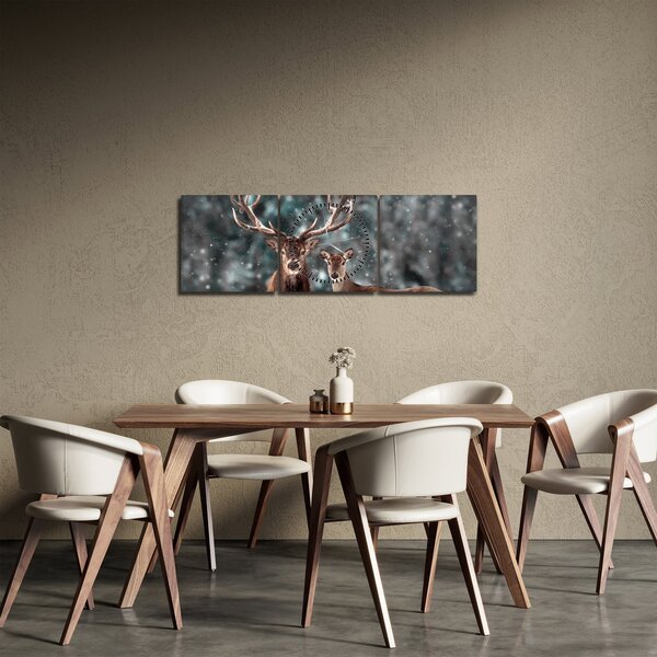 Obraz - Jeleń i łania w zaśnieżonym lesie (z zegarem) (90x30 cm)