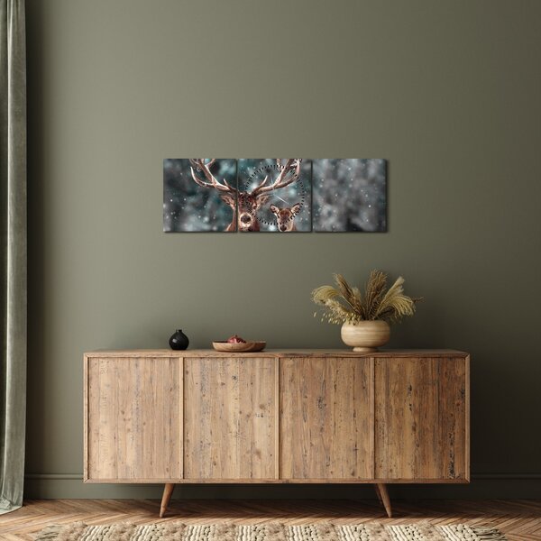 Obraz - Jeleń i łania w zaśnieżonym lesie (z zegarem) (90x30 cm)