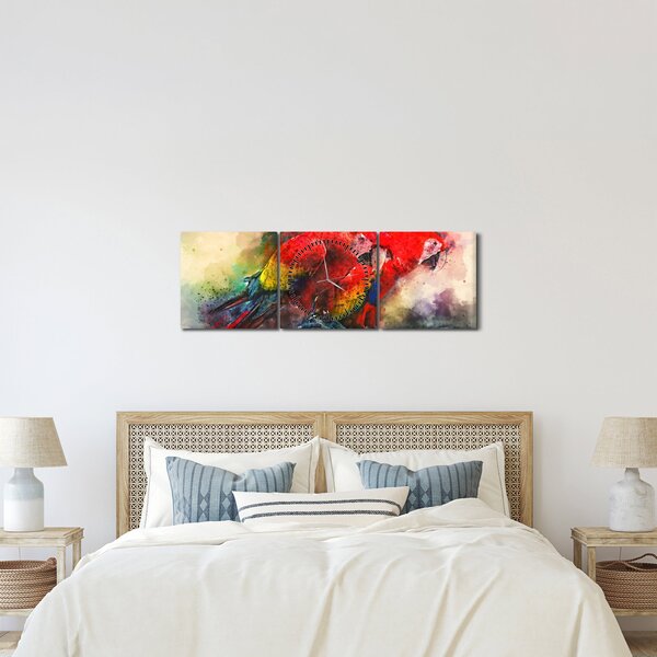 Obraz czerwonych papug Ara (z zegarem) (90x30 cm)