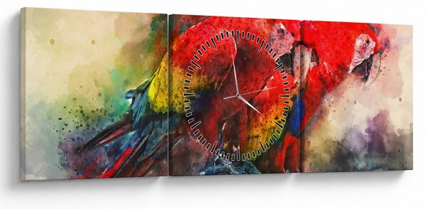 Obraz czerwonych papug Ara (z zegarem) (90x30 cm)