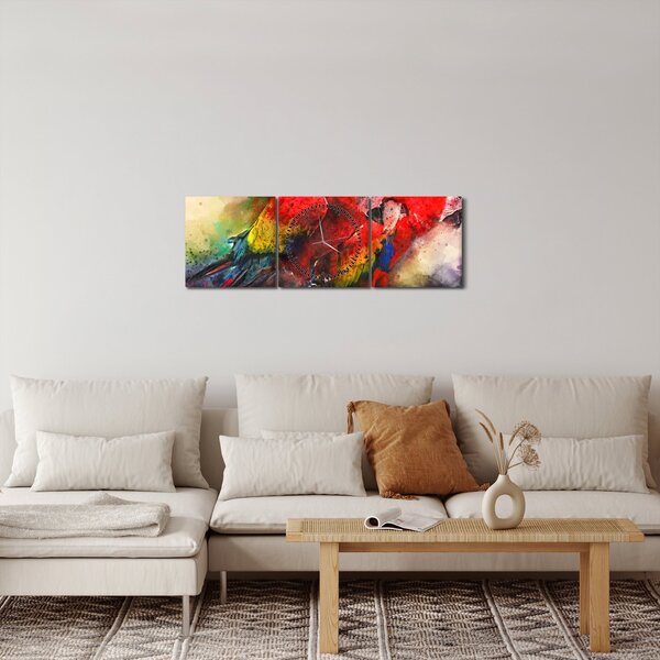 Obraz czerwonych papug Ara (z zegarem) (90x30 cm)