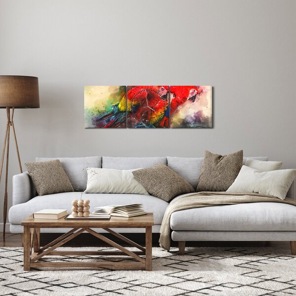 Obraz czerwonych papug Ara (z zegarem) (90x30 cm)
