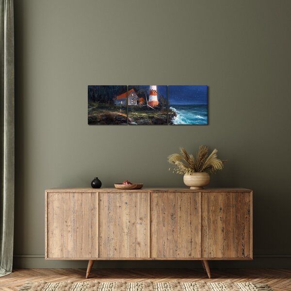 Obraz - Latarnia morska na brzegu oceanu, akwarela (z zegarem) (90x30 cm)